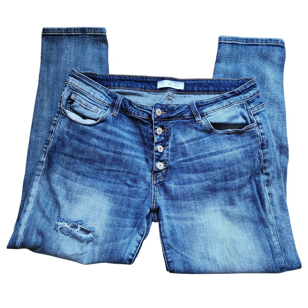 Kancan Skinny Jeans Womens Size 34x29 Distressed Mid-Rise Button Fly Blue Denim
